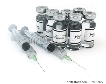 Vaccination. Vials and syringeon white isolated background, 7889927