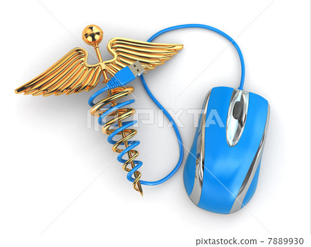 Concept of medicine online. Caduceus sign and mouse. 7889930