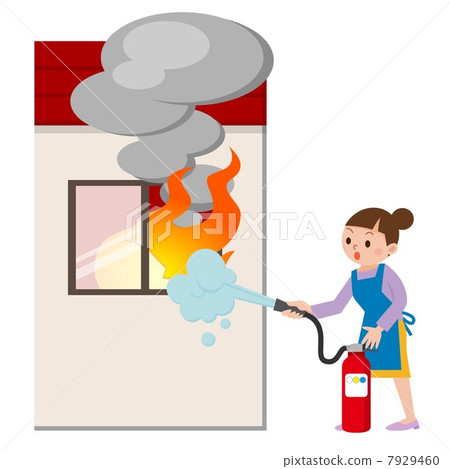 Housewife to extinguish a fire with a fire extinguisher 7929460