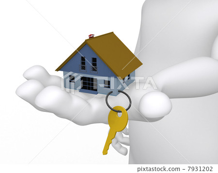 Concept of a hand holding a house and key in 3D 7931202