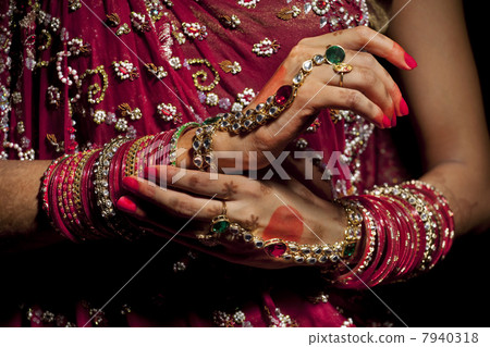 Close-up of jewelery on hands of Indian bride 7940318