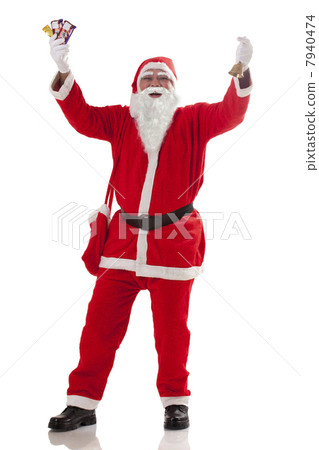 Full length of cheerful Santa Claus with chocolates over white background 7940474