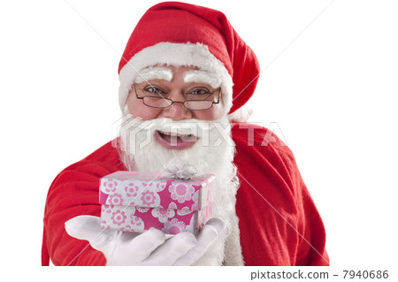 Close up of Santa Claus giving present over white background 7940686