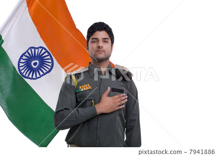 security guard taking a pledge with Indian flag in the background security guard taking a pledge with Indian flag in the background 7941886