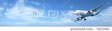 Panoramic composition of a jet aircraft in a blue sky Panoramic composition of a jet aircraft in a blue sky 7950489