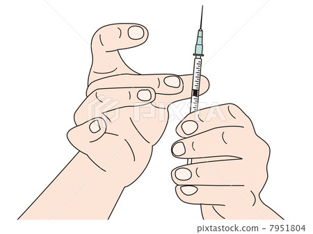 Doctor's hand discharging syringe bubbles 7951804