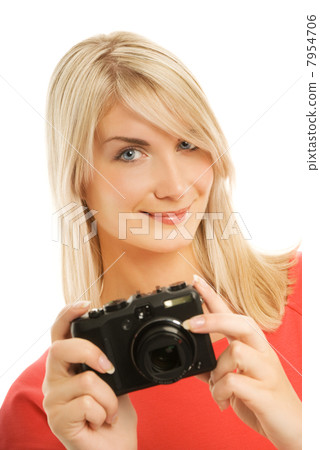 Beautiful smiling woman with digital camera. Isolated on white b Beautiful smiling woman with digital camera. Isolated on white b 7954706