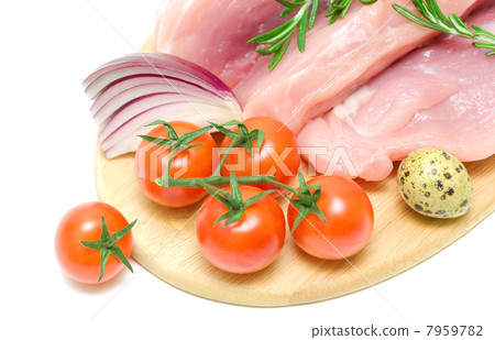 cherry tomatoes and raw meat close up on white background 7959782