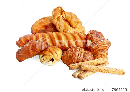 Different white bread, buns and bread sticks 7965213