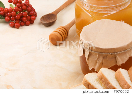 flowers, viburnum, honey on table flowers, viburnum, honey on table 7970032