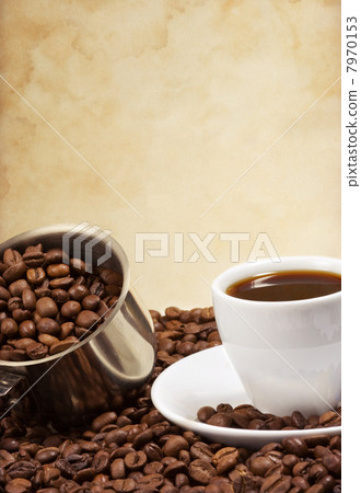cup of coffee and pot with beans 7970153