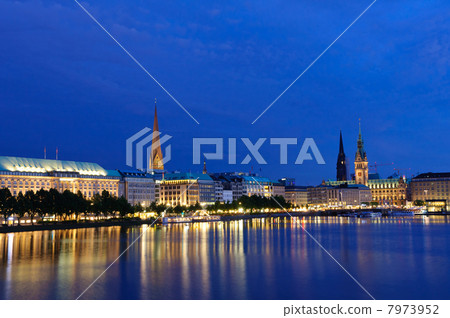 Germany Old town of Hamburg at dusk and Alster lake 7973952