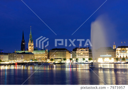 Germany Old town of Hamburg at dusk and Alster lake 7973957