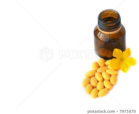 Capsules Pills Bio Medicine and Bottle with flower isolated on white background Capsules Pills Bio Medicine and Bottle with flower isolated on white background 7975870