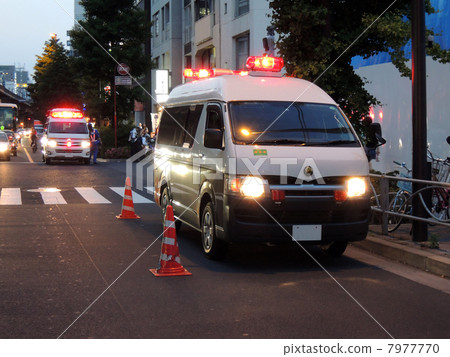 Police vehicle (van) at the traffic accident scene and ambulance Police vehicle (van) at the traffic accident scene and ambulance 7977770
