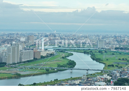 景觀與河流·從煤氣橋區到多摩河下游方向·從Musashi Kosugi海拔高度的水平位置 7987148