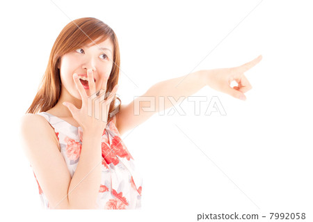 A pretty Japanese woman who looks surprised by pointing his finger pointing his fingers to his mouth A pretty Japanese woman who looks surprised by pointing his finger pointing his fingers to his mouth 7992058