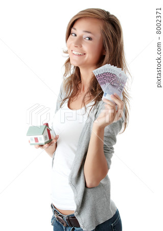 Woman holding euros bills and house model Woman holding euros bills and house model 8002371