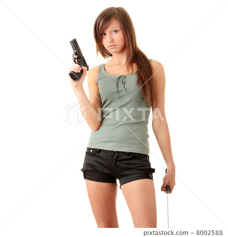 Beautiful girl holding a black gun Beautiful girl holding a black gun 8002588