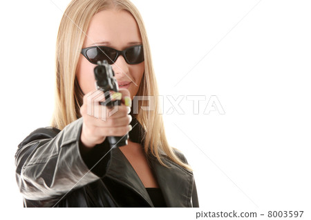 Portrait of the blonde with gun 8003597