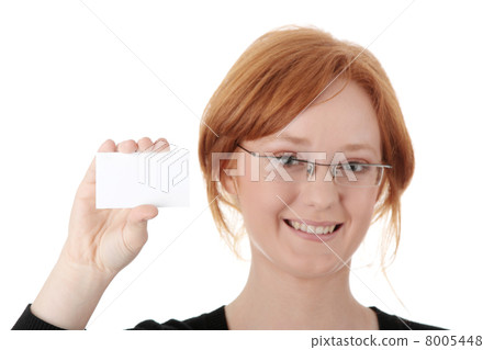 Redhead female person with blank business card Redhead female person with blank business card 8005448