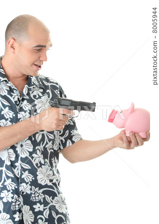 Man with gun pointing at piggy bank Man with gun pointing at piggy bank 8005944