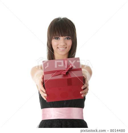 Young elegant woman in black dress with gift 8014480