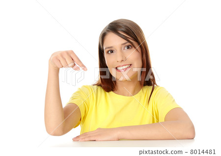 Happy woman pointing something 8014481