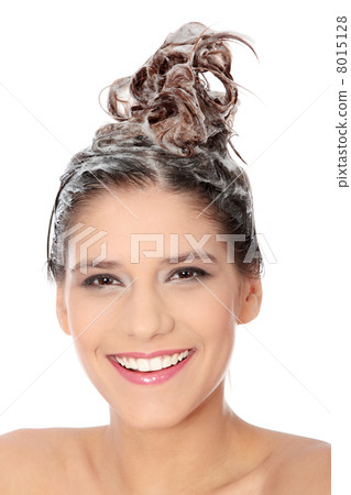 Beautiful brunette woman soaping her head Beautiful brunette woman soaping her head 8015128