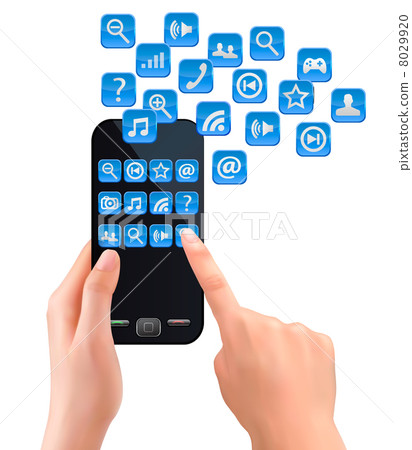 Hands holding mobile phone with icons. Vector. - Stock Illustration ...