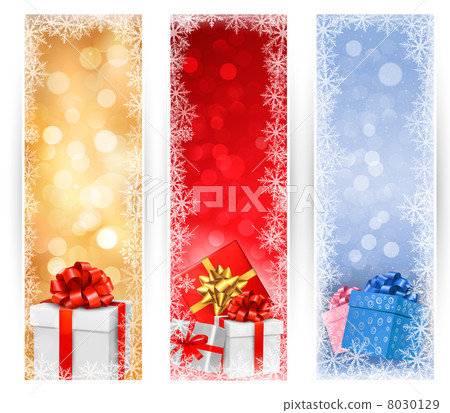 Three christmas banners with gift boxes and snowflakes. Vector illustration. Three christmas banners with gift boxes and snowflakes. Vector illustration. 8030129