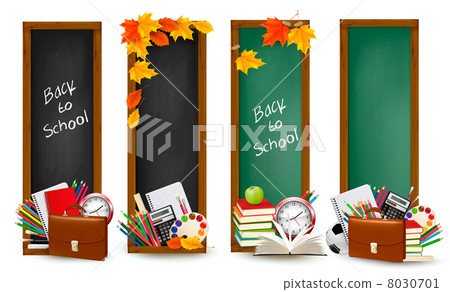 Back to school.Four banners with school supplies and autumn leaves. Vector. Back to school.Four banners with school supplies and autumn leaves. Vector. 8030701