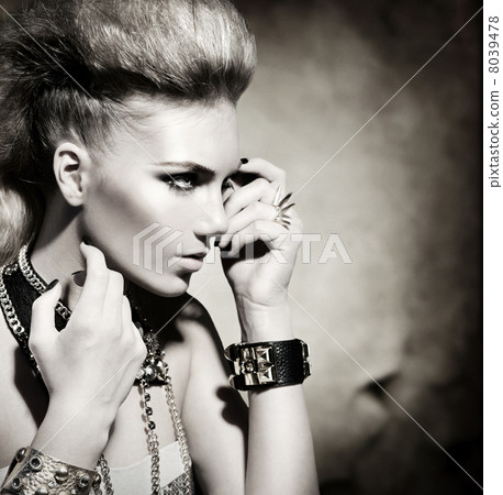 Fashion Rocker Style Model Girl Portrait. Black and White 8039478