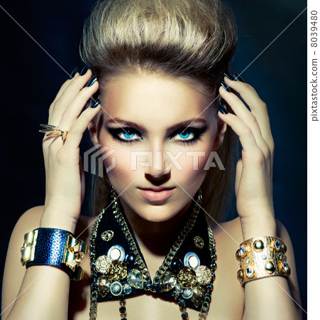 Fashion Rocker Style Model Girl Portrait. Hairstyle 8039480