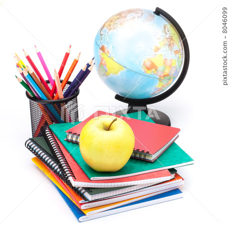 Globe, notebook stack and pencils. Schoolchild and student studi Globe, notebook stack and pencils. Schoolchild and student studi 8046099
