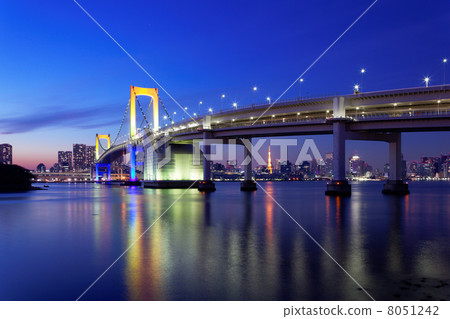 彩虹橋，彩虹色的特殊燈光和海面上的風景 8051242