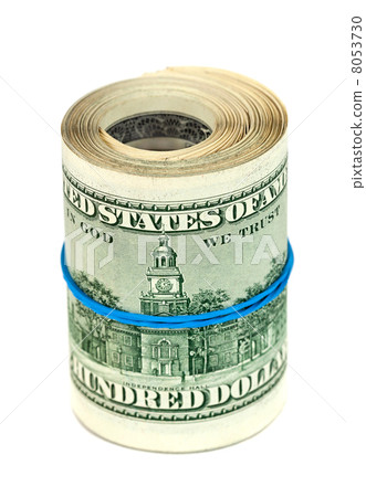 Roll of US dollar wrapped by rubber isolated on white background 8053730