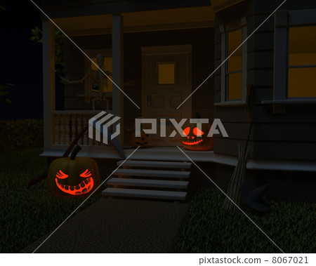 halloween jack-o-lantern pumpkins on door step 8067021