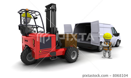 man in forklift truck loading a van man in forklift truck loading a van 8068104