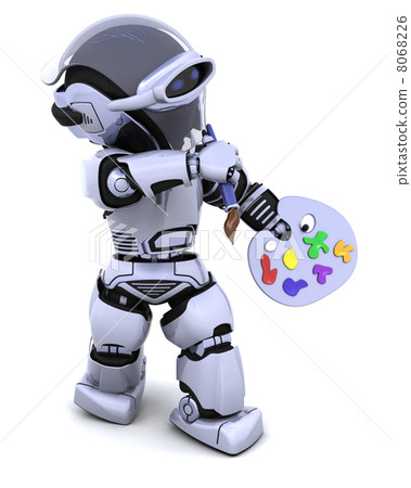 robot with pallette and paint brush robot with pallette and paint brush 8068226