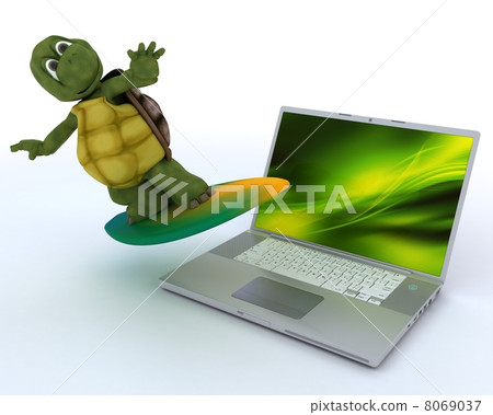 tortoise with surf board and laptop tortoise with surf board and laptop 8069037