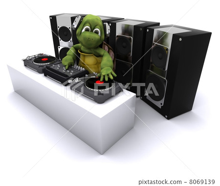 tortoise DJ mixing records on turntables 8069139