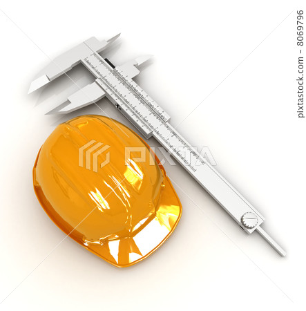 Vernier caliper and yellow hard hat 3d Vernier caliper and yellow hard hat 3d 8069796