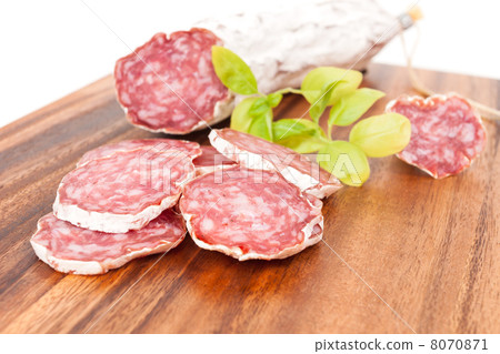 sliced salami on white background sliced salami on white background 8070871