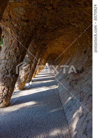 Arcade of stone columns in Park Guell, Gaudi Arcade of stone columns in Park Guell, Gaudi 8070924