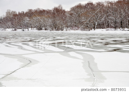 unfrozen patch of water in  icebound river 8073931