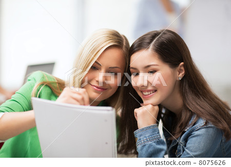 student girls pointing at notebook at school student girls pointing at notebook at school 8075626