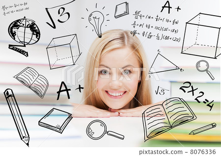 student with stack of books and doodles 8076336