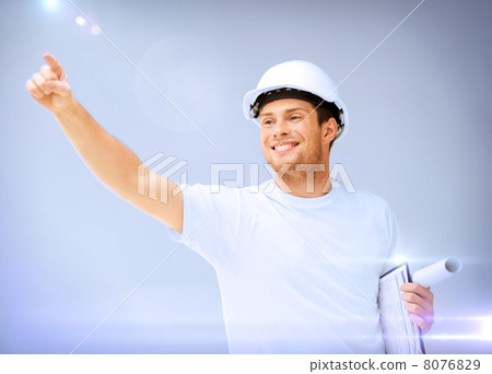 male architect in helmet with blueprint male architect in helmet with blueprint 8076829