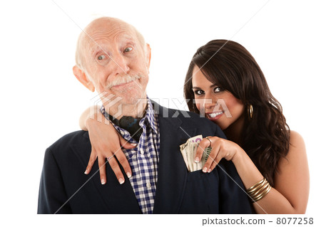 Rich elderly man with gold-digger companion or wife 8077258